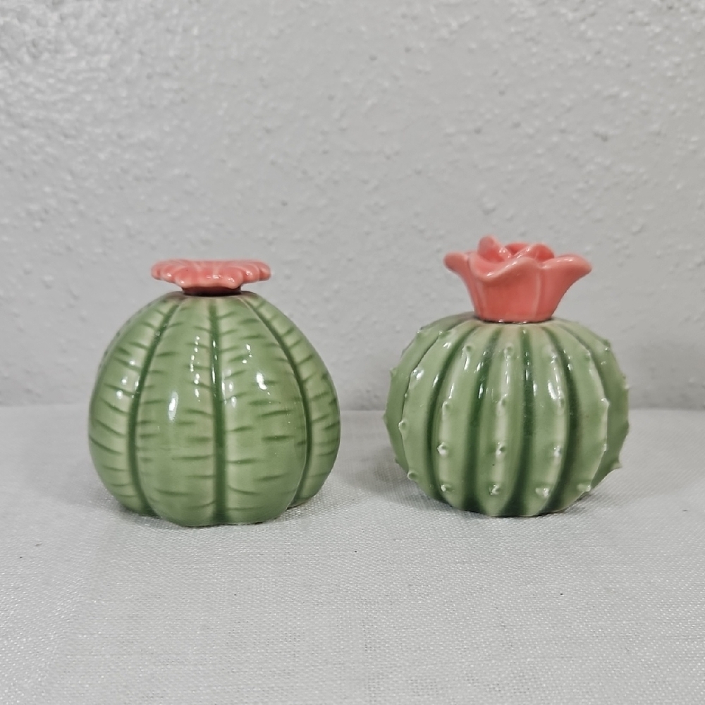 Ceramic Green Cactus with Pink Flowers Decorative Accents